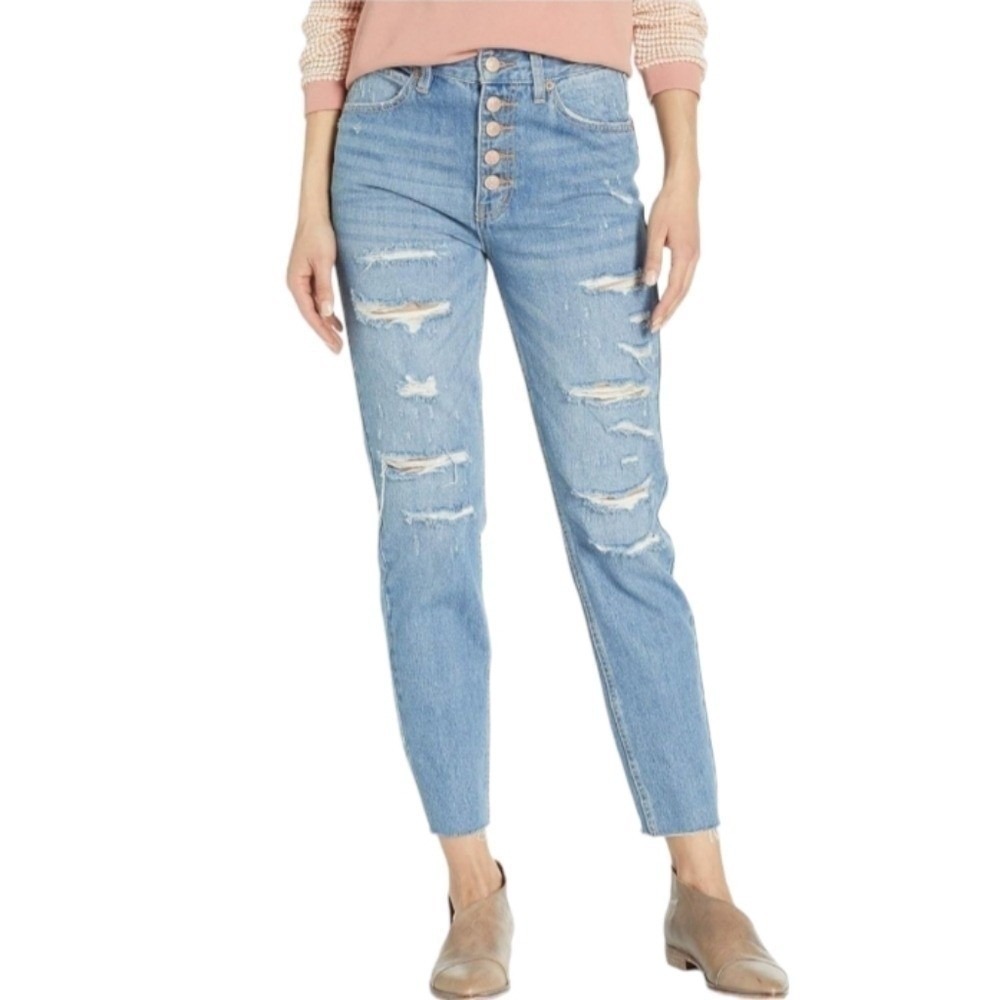 We The‎ Free FP Distressed Frayed Hem Straight Leg Button Fly Crop Jeans Size 27